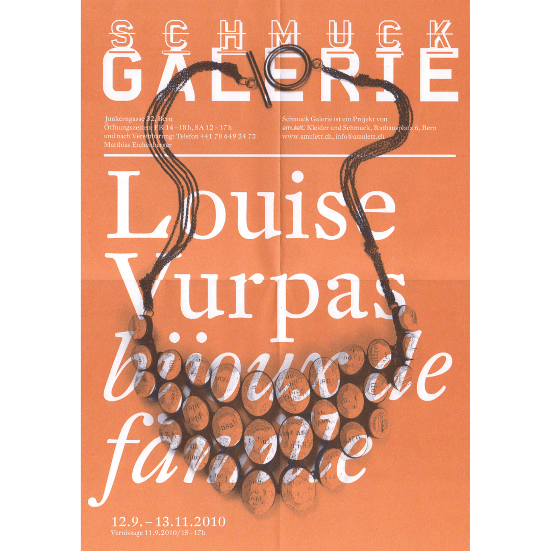 Affiche de l'exposition bijoux de famille de la créatrice Louise Vurpas à la galerie AMULETT de Berne. Bijouterie-joaillerie sur-mesure