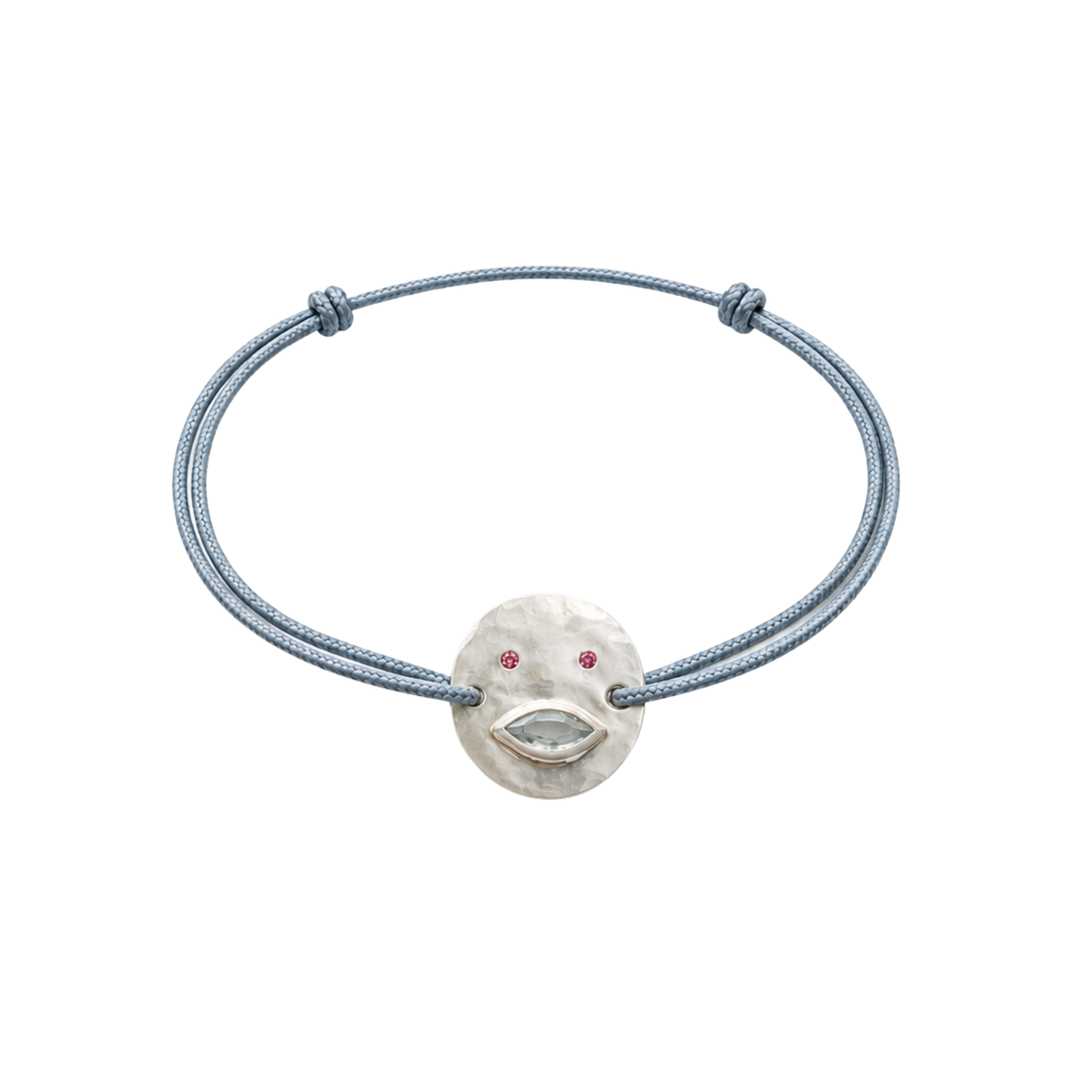 Bracelet Tronche Louise en Argent 925 avec saphir navette transparent légèrement bleuté et yeux saphirs roses sur cordon gris