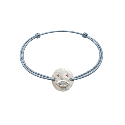 Bracelet Tronche Louise en Argent 925 avec saphir navette transparent légèrement bleuté et yeux saphirs roses sur cordon gris