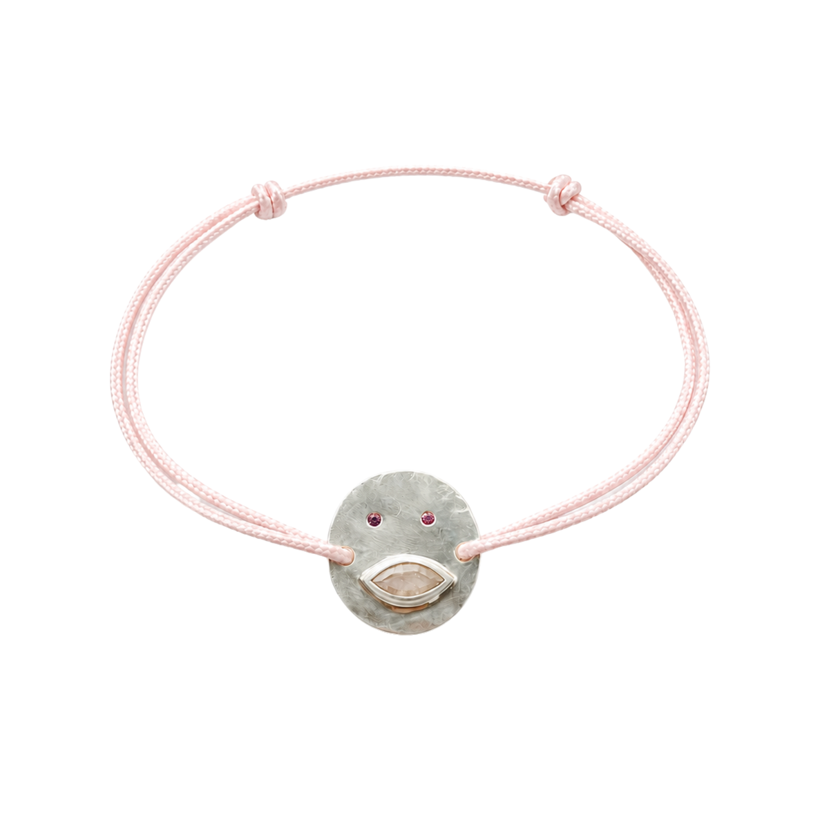 Bracelet Tronche Louise en Argent 925 avec saphir navette rosé et yeux saphirs roses sur un cordon rose