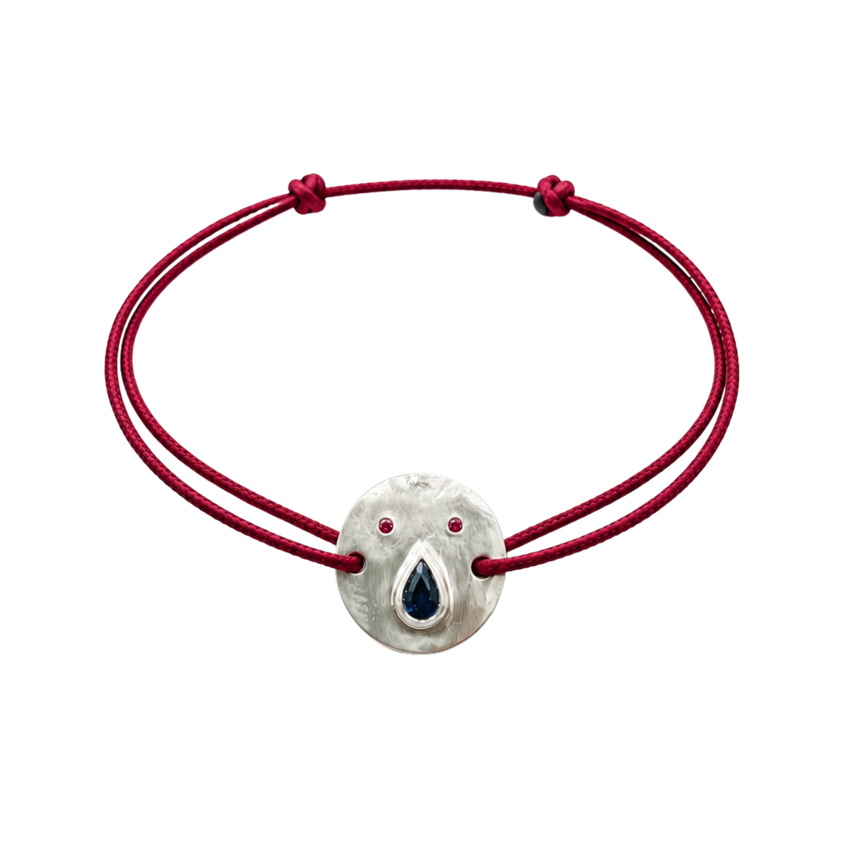 Bracelet Tronche Paula en Argent 925 avec saphir poire marine et yeux saphirs rouges et cordon rouge foncé