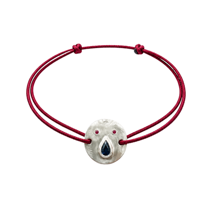 Bracelet Tronche Paula en Argent 925 avec saphir poire marine et yeux saphirs rouges et cordon rouge foncé