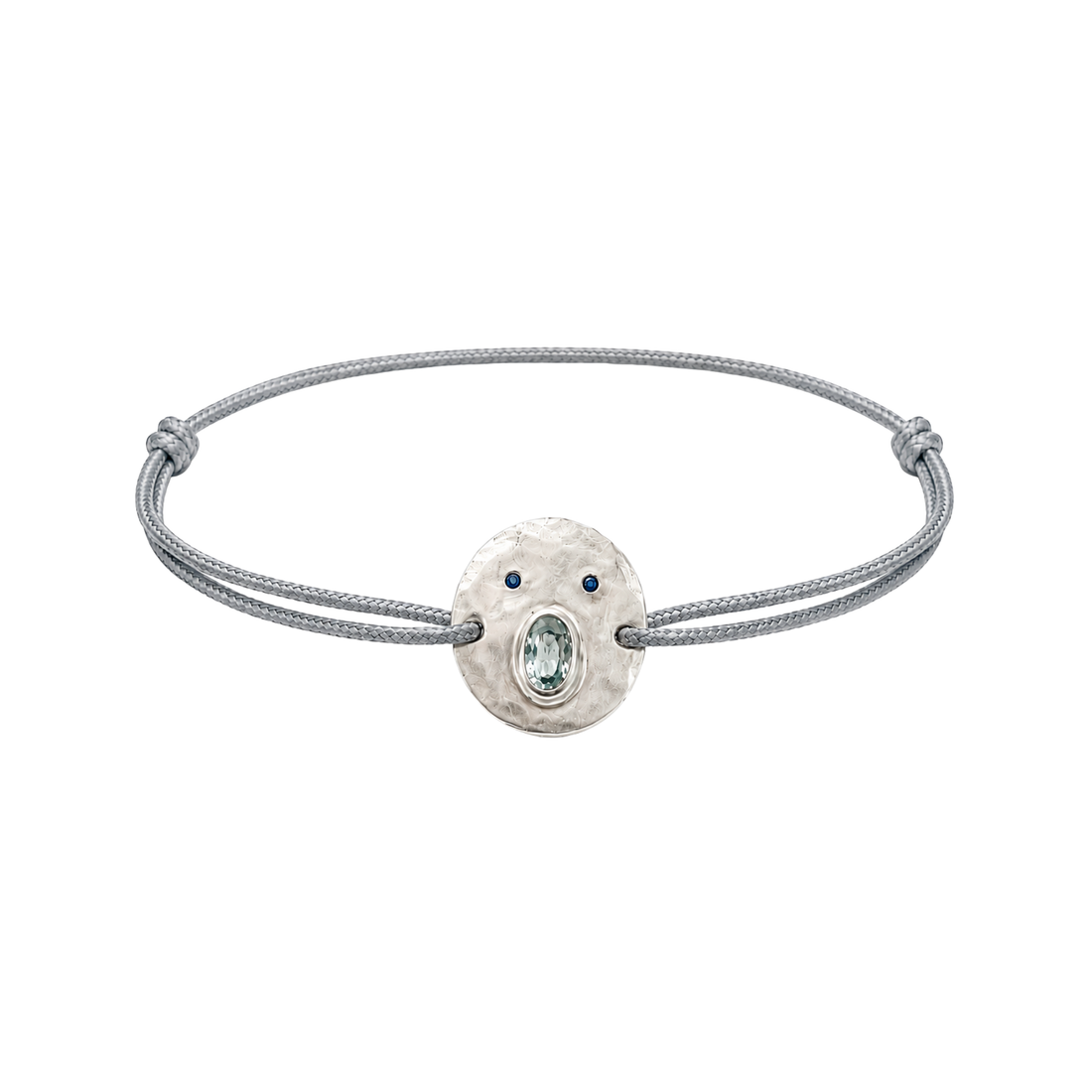 Bracelet cordon Tronche Henri en Argent 925 avec saphir gris bleu ovale et yeux saphirs bleus