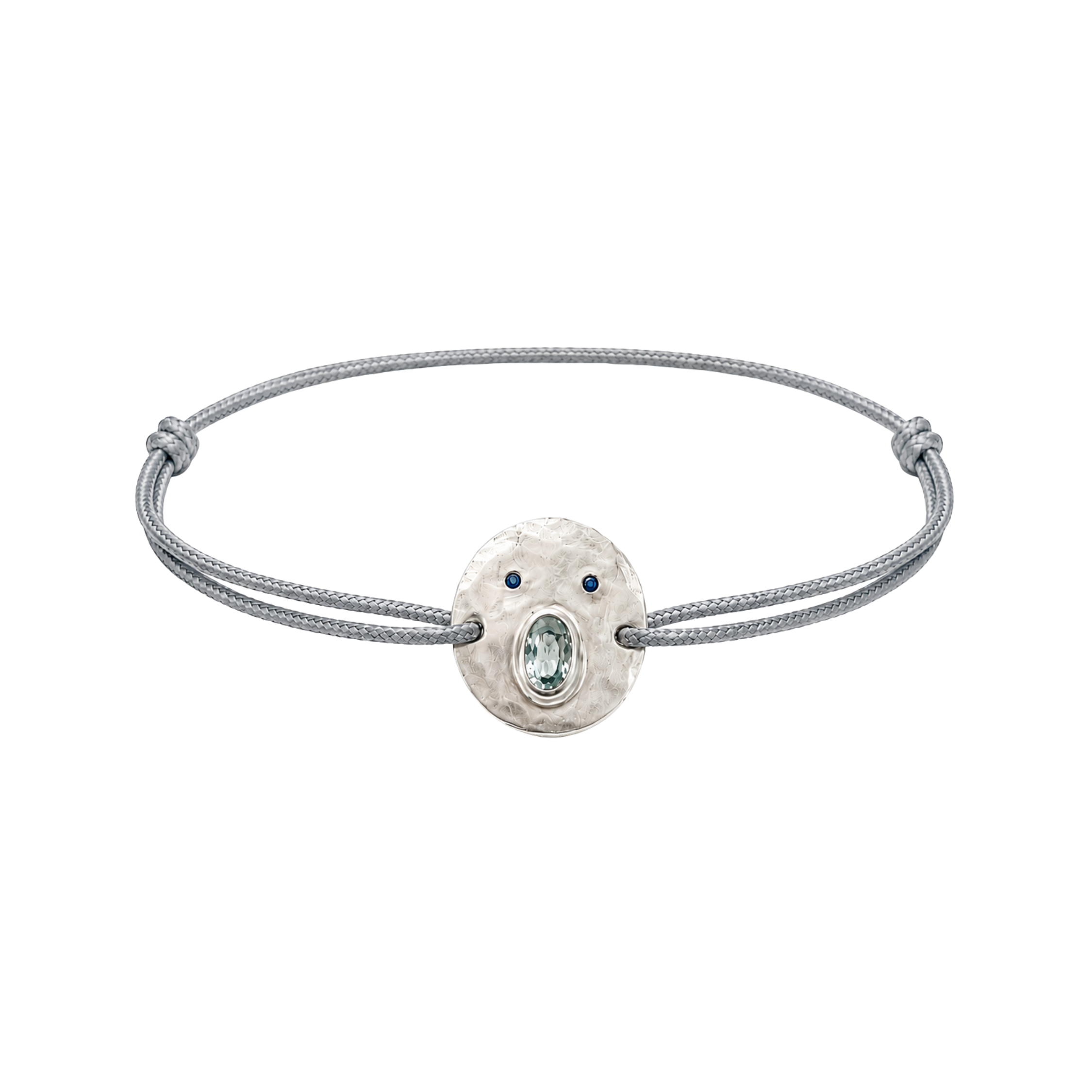 Bracelet cordon Tronche Henri en Argent 925 avec saphir gris bleu ovale et yeux saphirs bleus