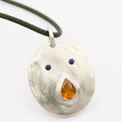 Pendentif Tronche Paula en Argent 925 avec saphir orange poire et yeux saphirs bleus