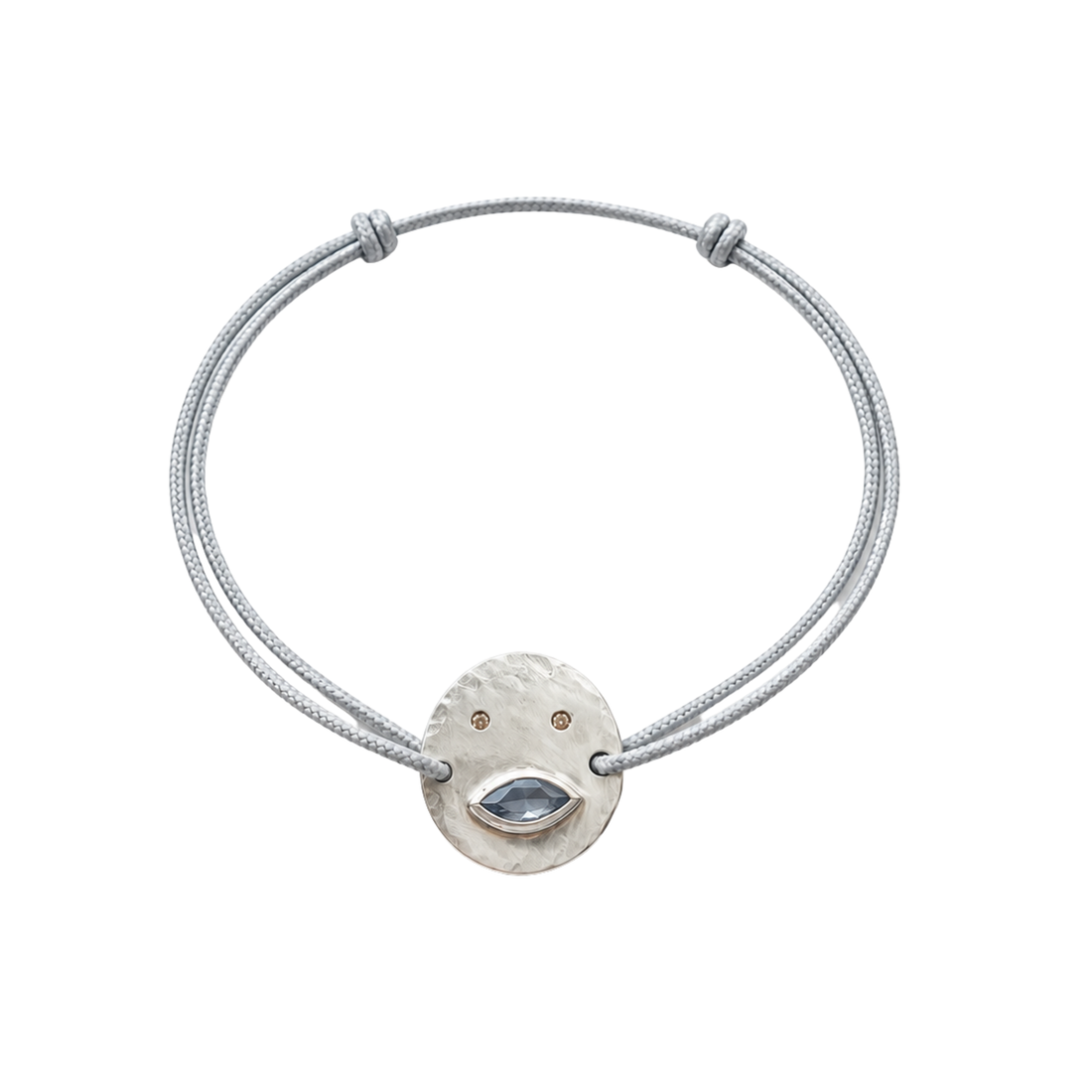 Bracelet Tronche Louise en Argent 925 avec saphir navette rosé et yeux saphirs jaunes sur un cordon bleu gris