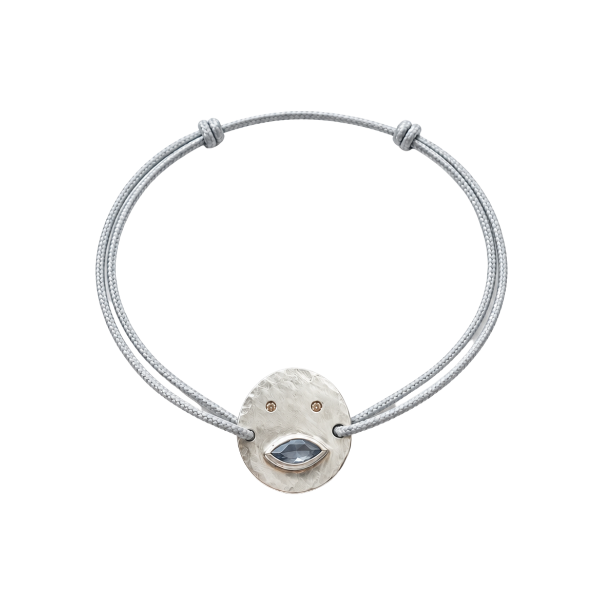 Bracelet Tronche Louise en Argent 925 avec saphir navette rosé et yeux saphirs jaunes sur un cordon bleu gris