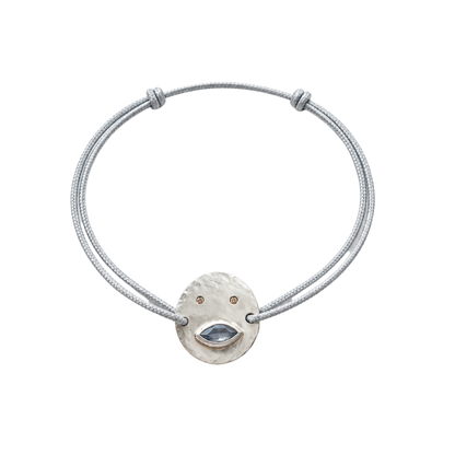Bracelet Tronche Louise en Argent 925 avec saphir navette rosé et yeux saphirs jaunes sur un cordon bleu gris