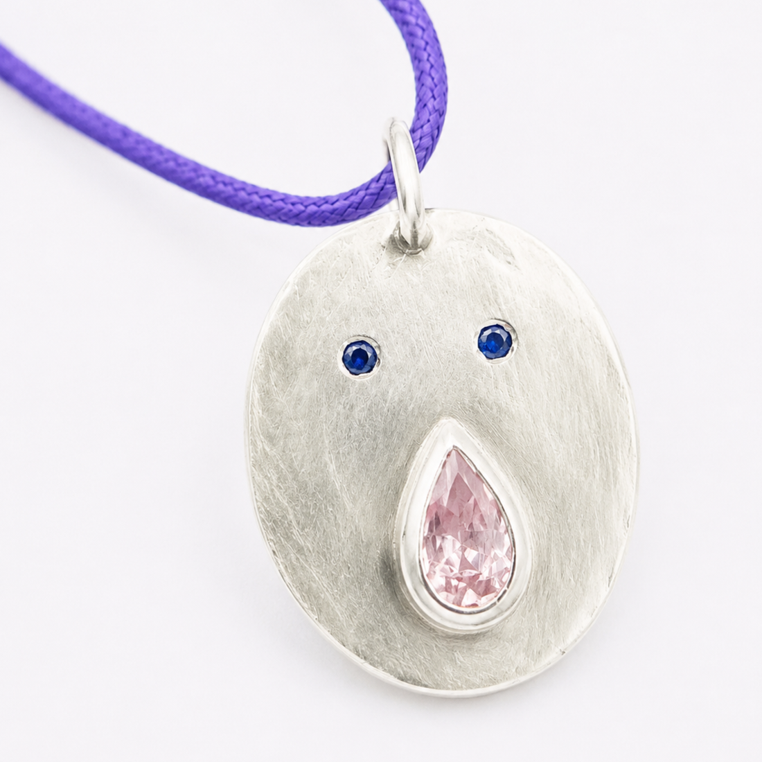Pendentif Tronche Paula en Argent 925 avec saphir rose clair poire et yeux saphirs bleus