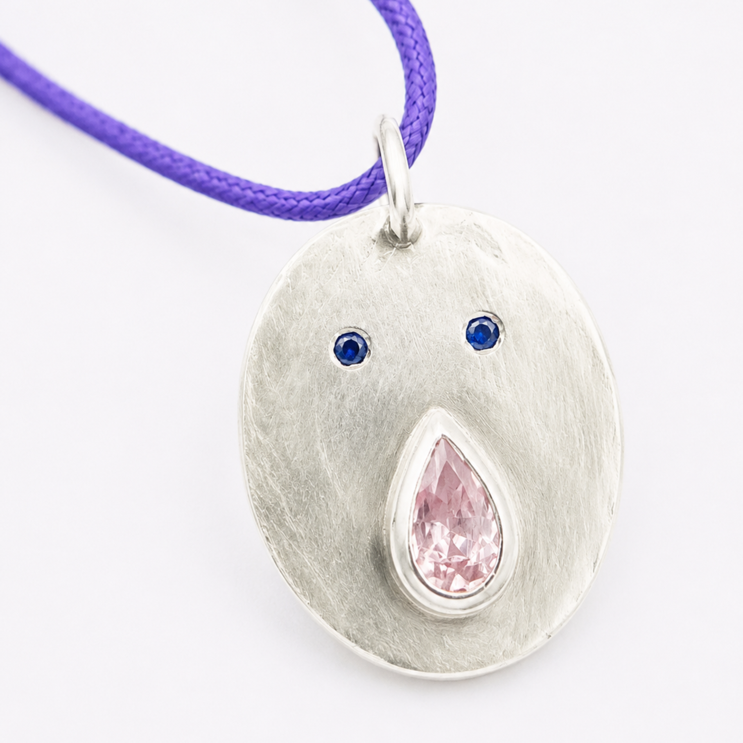 Pendentif Tronche Paula en Argent 925 avec saphir rose clair poire et yeux saphirs bleus