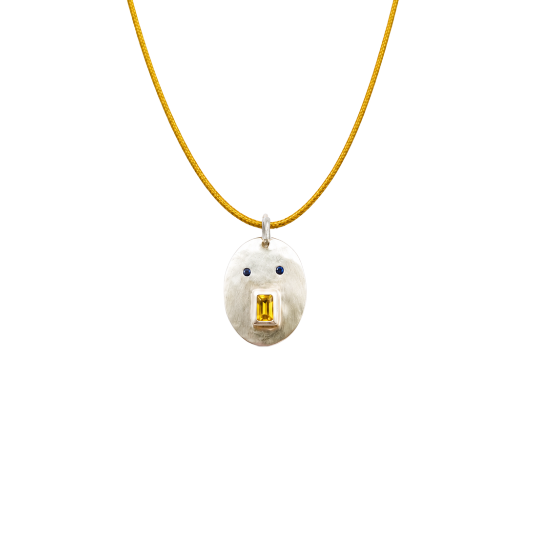 Pendentif Tronche Antoinette en Argent 925 avec saphir jaune baguette et saphirs bleus
