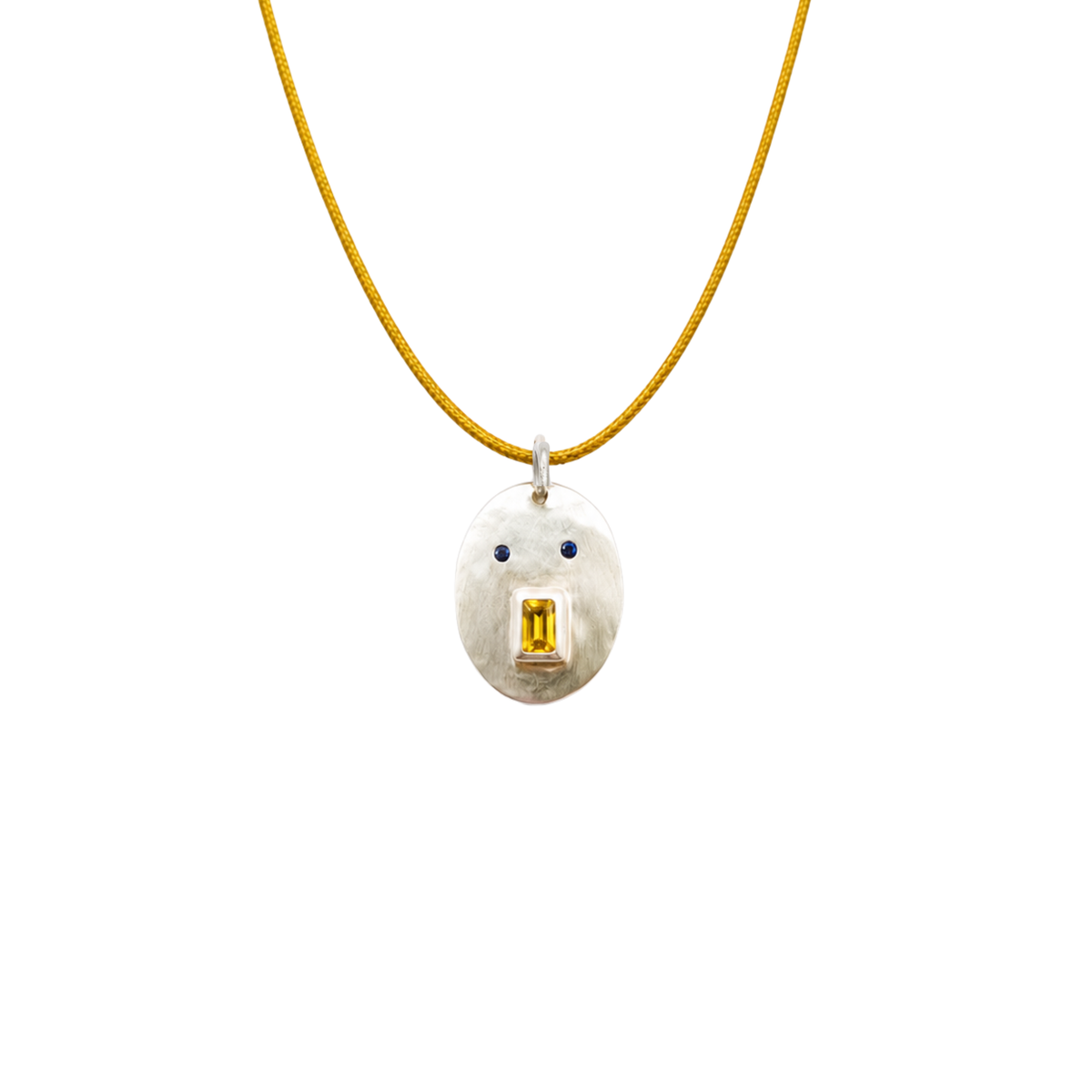 Pendentif Tronche Antoinette en Argent 925 avec saphir jaune baguette et saphirs bleus